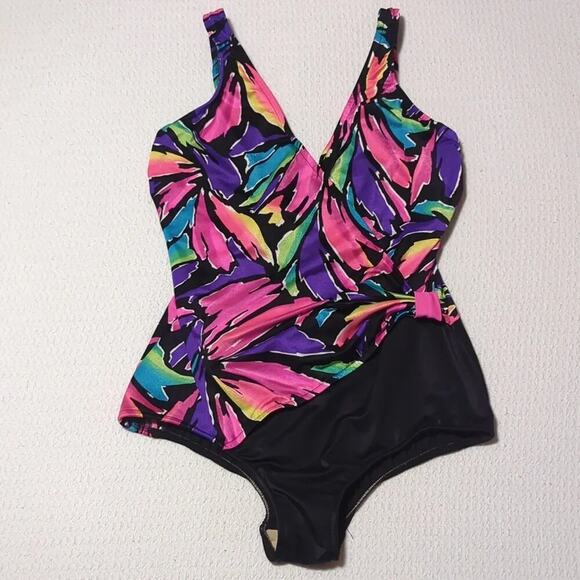 Vintage Catalina One Piece Swimsuit Surplice V-neck Lined Neon Black Floral 16 - Picture 1 of 13